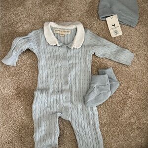 Hope and Henry Light Blue Cable Knit Baby One Piece and hat and booties